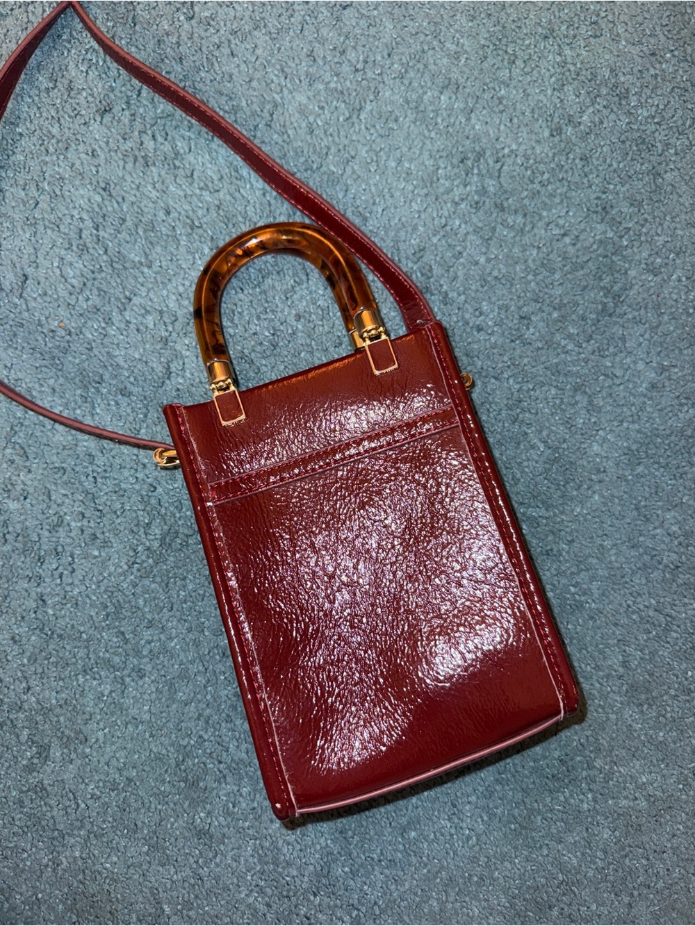 Anthropologie Patent Mini Tote in Burgundy with Tortoiseshell Handles - Picture 2 of 3